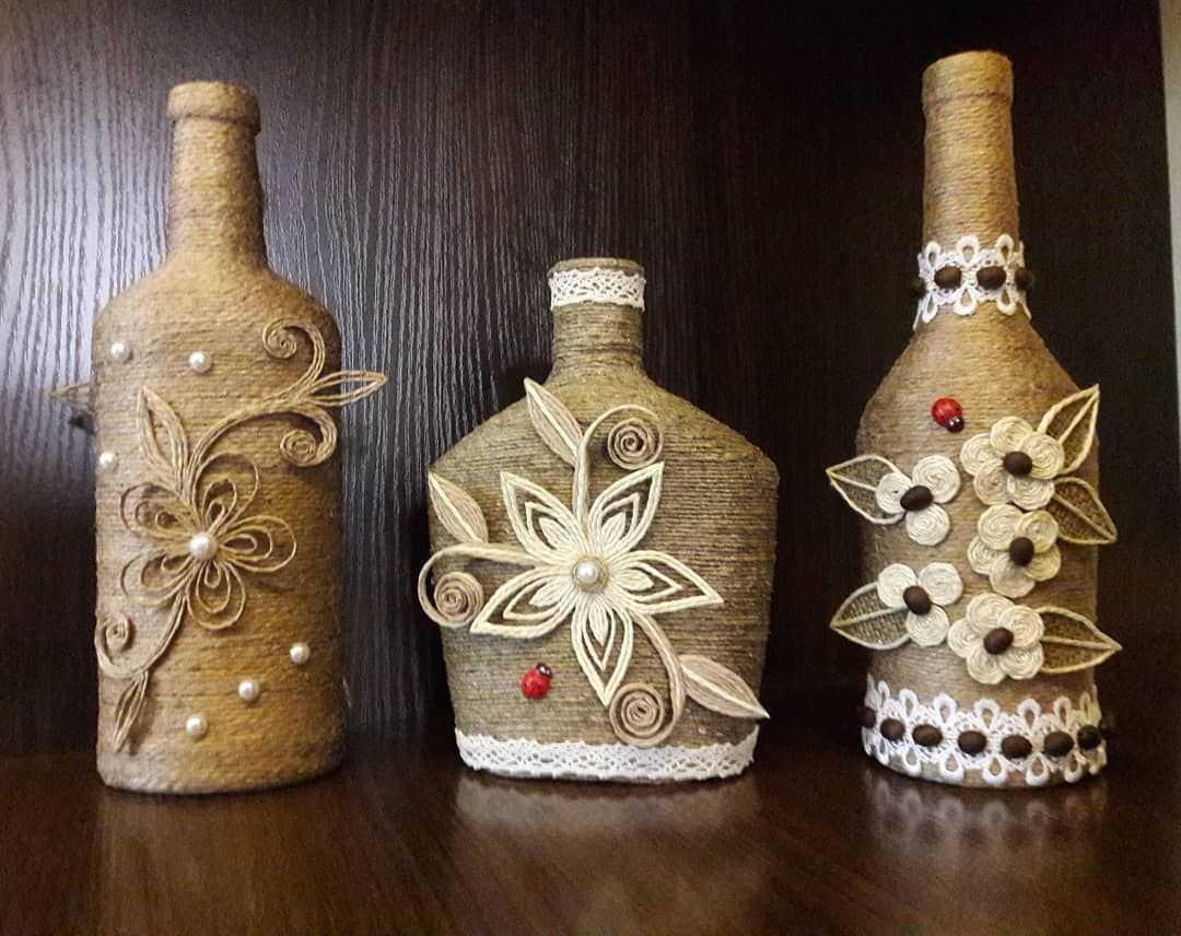 Декор бутылок и другой стеклянной тары, техника шпагатом, тканью, лентами, нитками