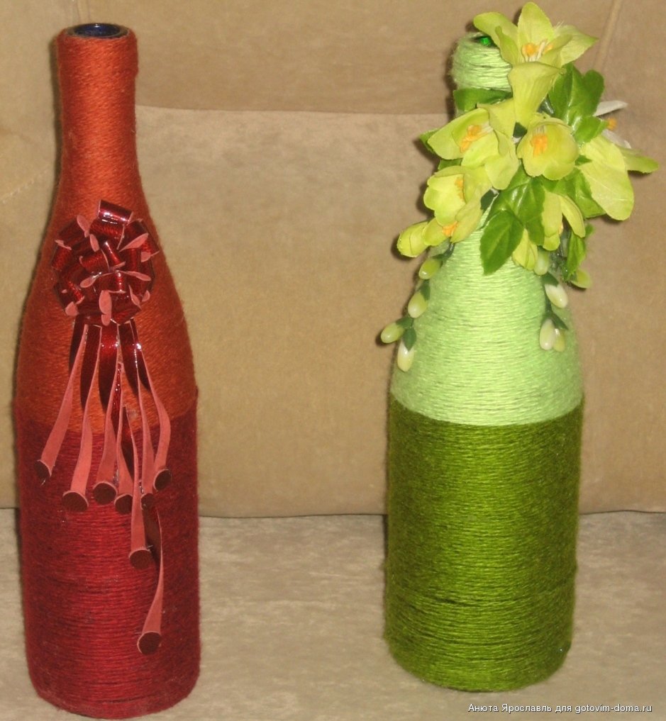 Декор бутылок: 10 красивых идей для дома. декор нитками, тканью...