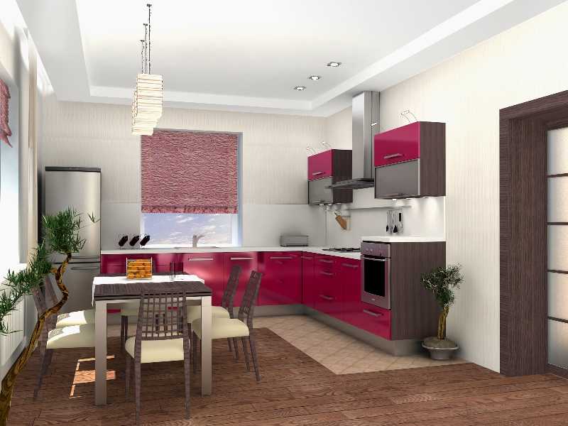 Бордовая кухня с белым, черным, серым, бежевым цветами, фото в интерьере