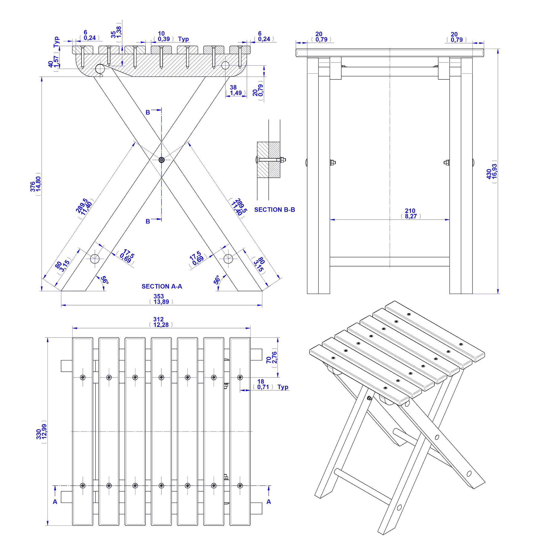 схема раскладного деревянного стула
