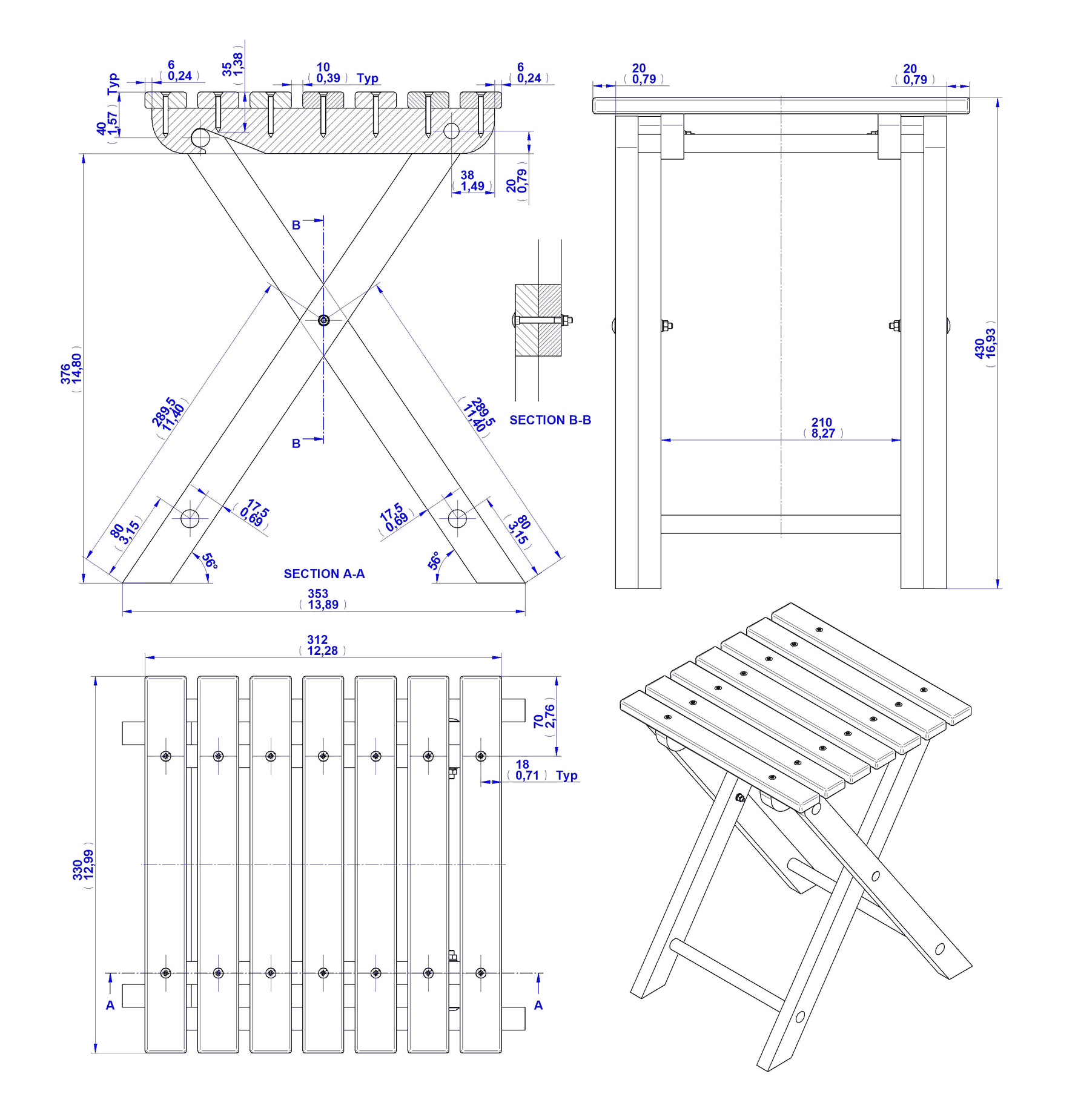 Кресло из реек чертеж