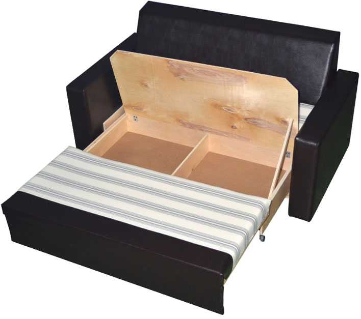 Выкатные диваны с ящиком для белья: прямые двуспальные и выдвижные вперед с пружинным блоком