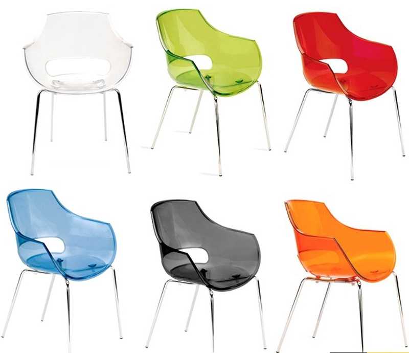 Разноцветные стулья из пластика в дизайне кухни