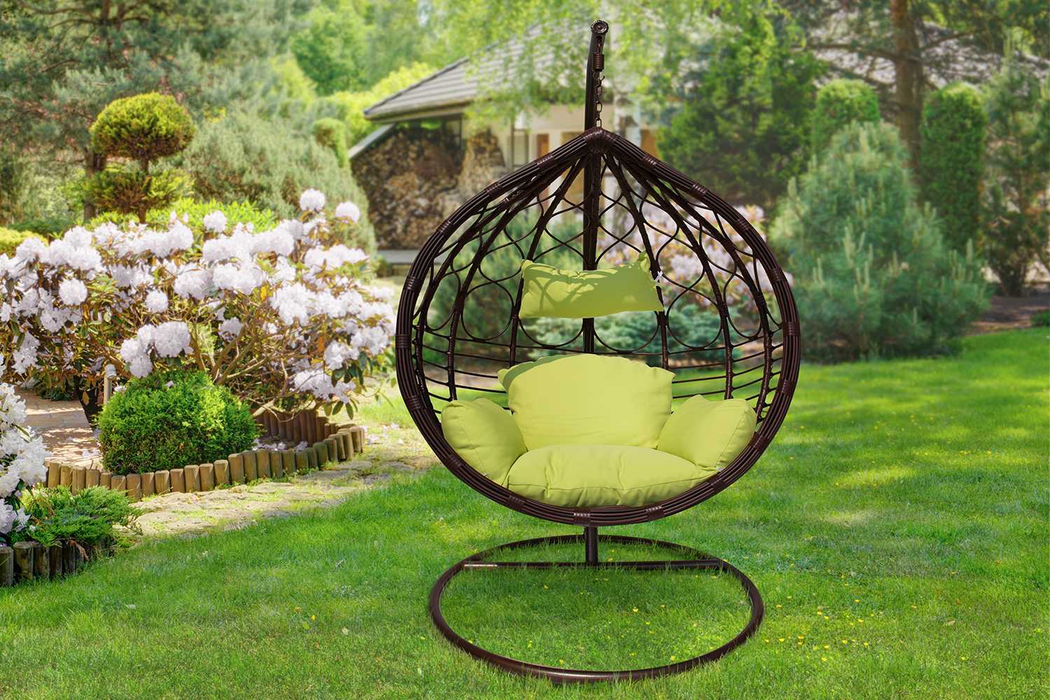 Садовое кресло плетенок, подвесное, перфорированное, деревянное, кованое, пластиковое