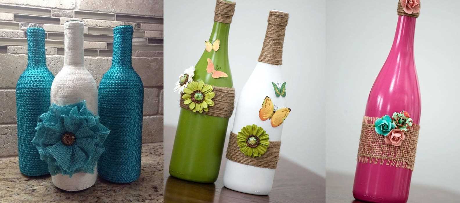 Декор бутылок шпагатом своими руками + 54 фото