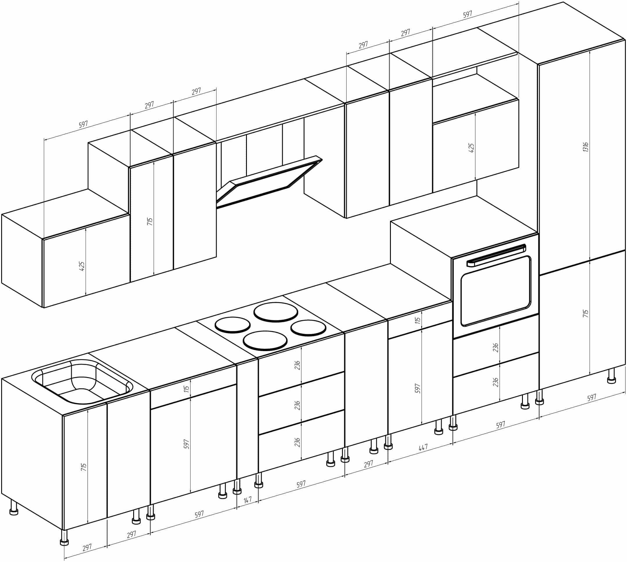Кухонный гарнитур: размеры стандартные, высота, глубина, ширина мебели