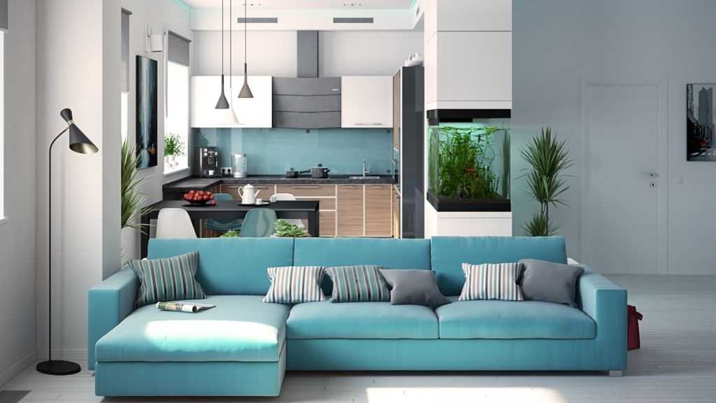 Гармоничные сочетания бирюзового дивана с современными интерьерами