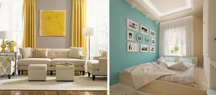 Сочетание цветов в интерьере гостиной (59 фото): оформление зала в коричневых и в сиреневых тонах, комбинации зеленового и бежевого цвета стен