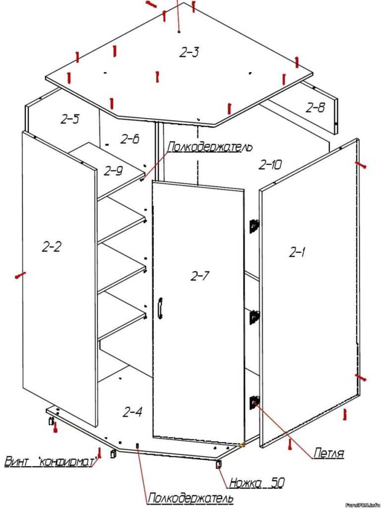 Схема сборки для навесного углового кухонного шкафа